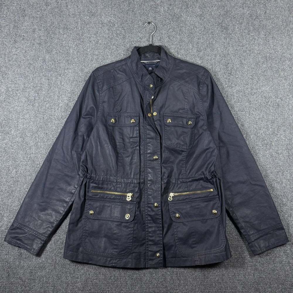 Tommy Hilfiger Navy Blue Utility Jacket Snap Zip Pockets Womens Size XL #3486